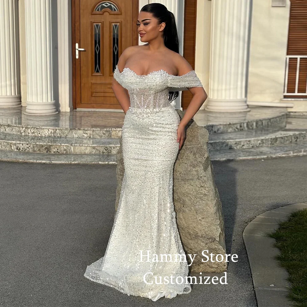 Lilac Evening Dress Saud Arabian Customized Off The Shoulder Sweetheart Pearls Sequined Mermaid Party Gown Sequined Prom Dresses