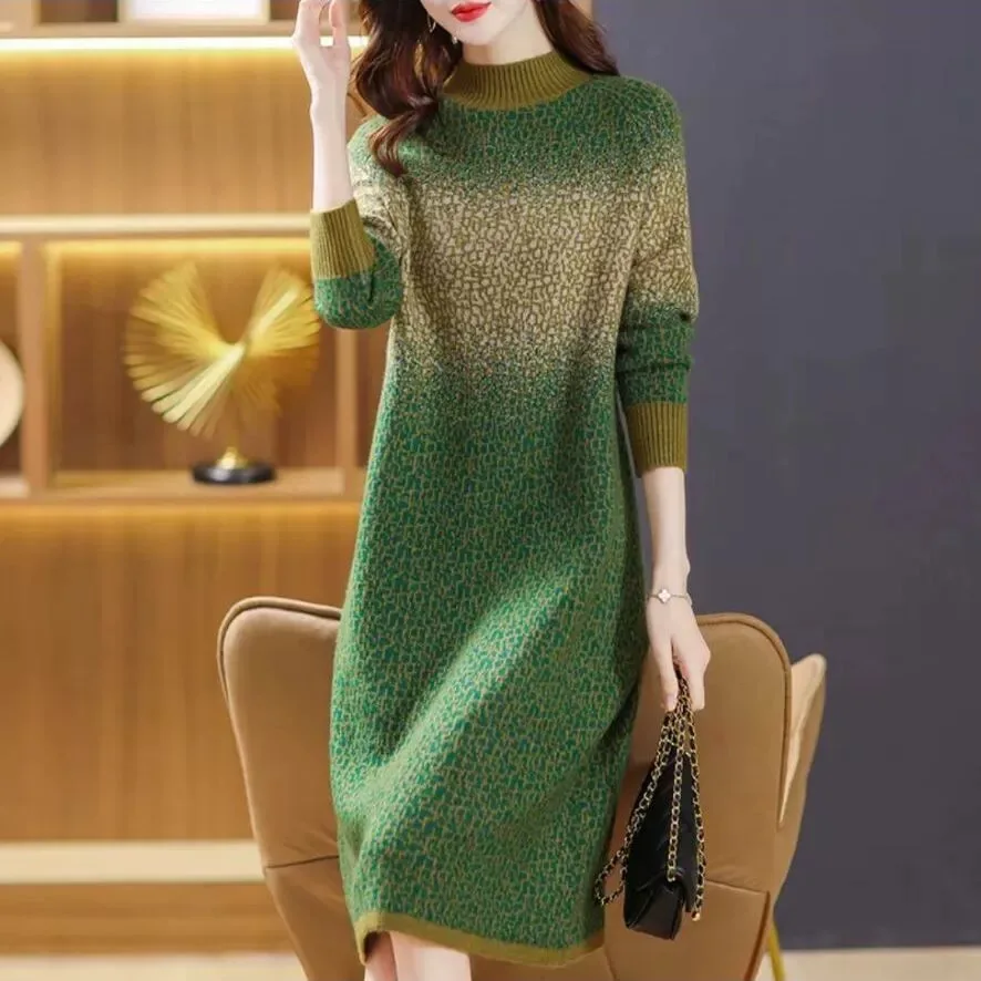 2024 Chic Print Knitted Woolen Sweater Dress Women Korean Elegant Bodycon Casual Pullovers Autumn Winter Thick Warm Top Sweaters