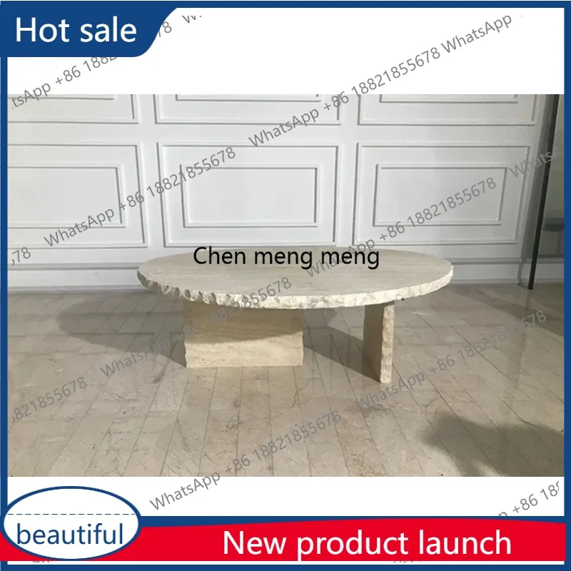 

M46 «Скандинавский роскошный журнальный столик — треснутая столешница из травертина с мраморным основанием, центральная часть для небольшой гостиной на заказ»