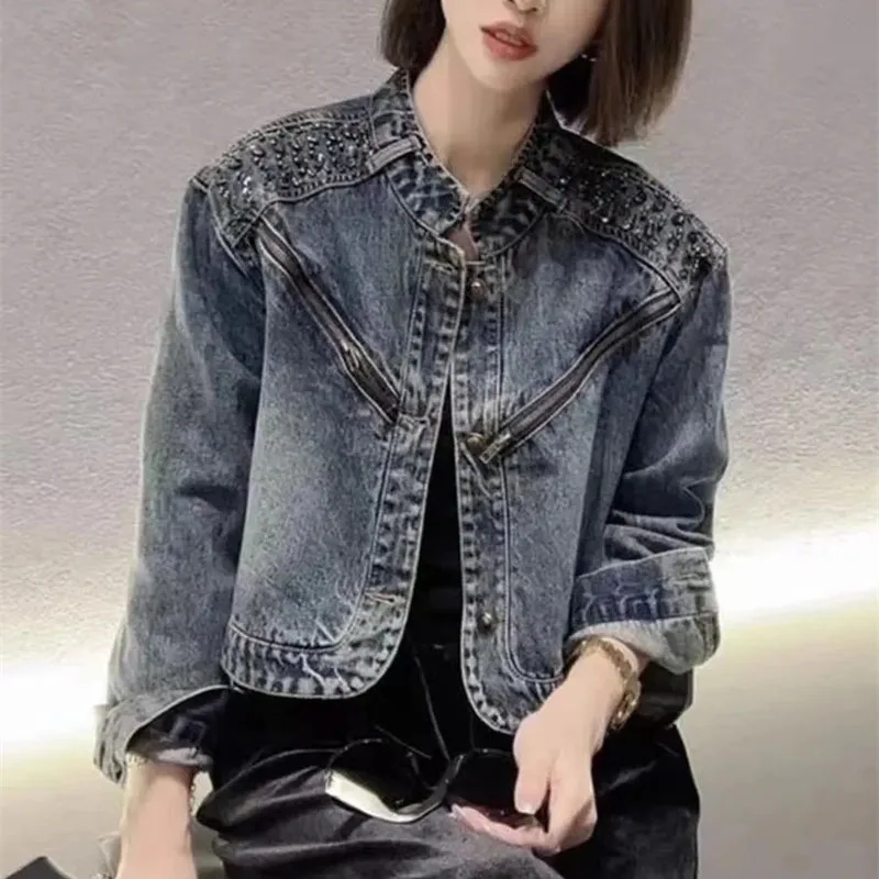 

Retro Female Round Neck Jeans Outwear 2025 Women Design Sense Casual Denim Coat Spring Autumn Ladies Long Sleeves Cowboy Jacket