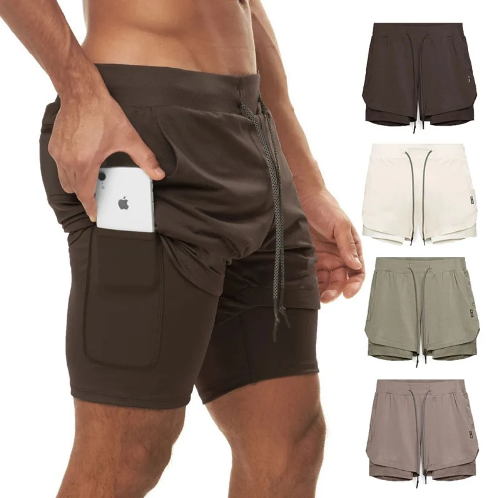 New Color Block Mens Running Shorts Double Layer Towel Hanging Breathable