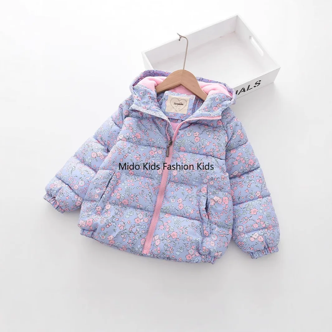 1-12Y Girls cotton jacket middle  small children winter short children's female treasure print flowers cotton clothing 100-150cm