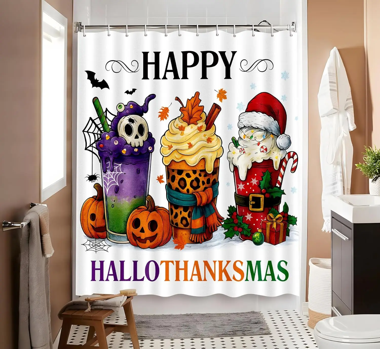 Halloween Shower Curtain for Bathroom Cups Hallothanksmas Fall Autumn Thanksgiving Christmas with 12 Hooks 72 x 72 Inches Decor