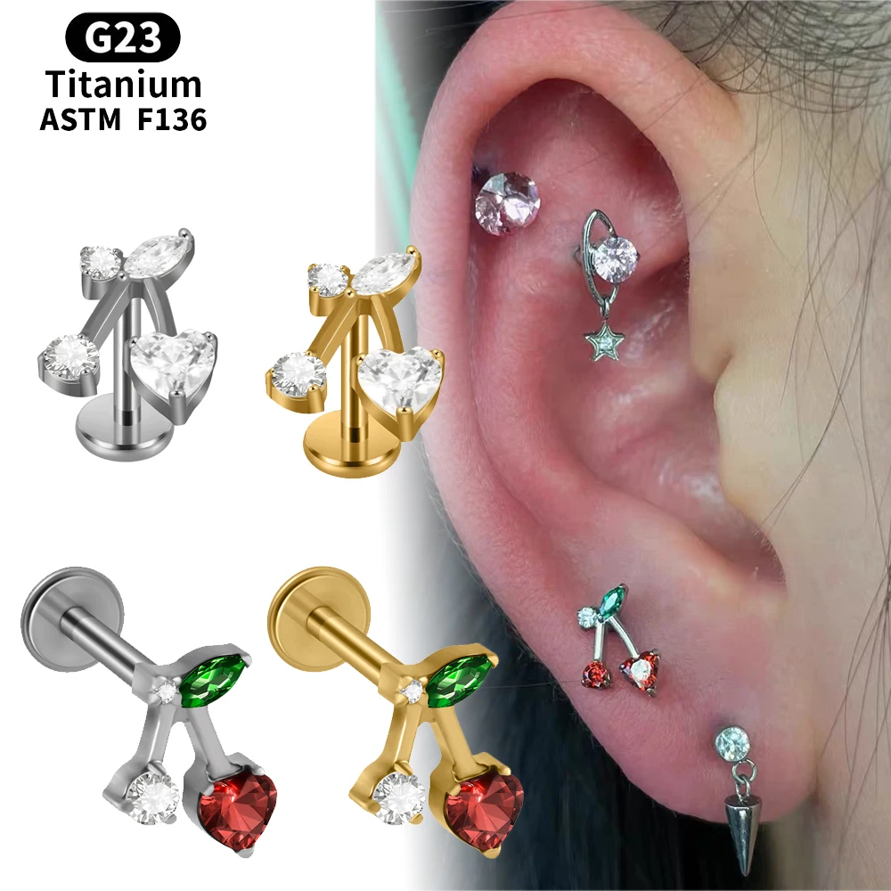 5/2/1PCS G23 Solid Titanium Creative Cherry Fruit Marquise Zirconia Labret 16G Internal Thread Lip Cartilage Helix Lobe Earring