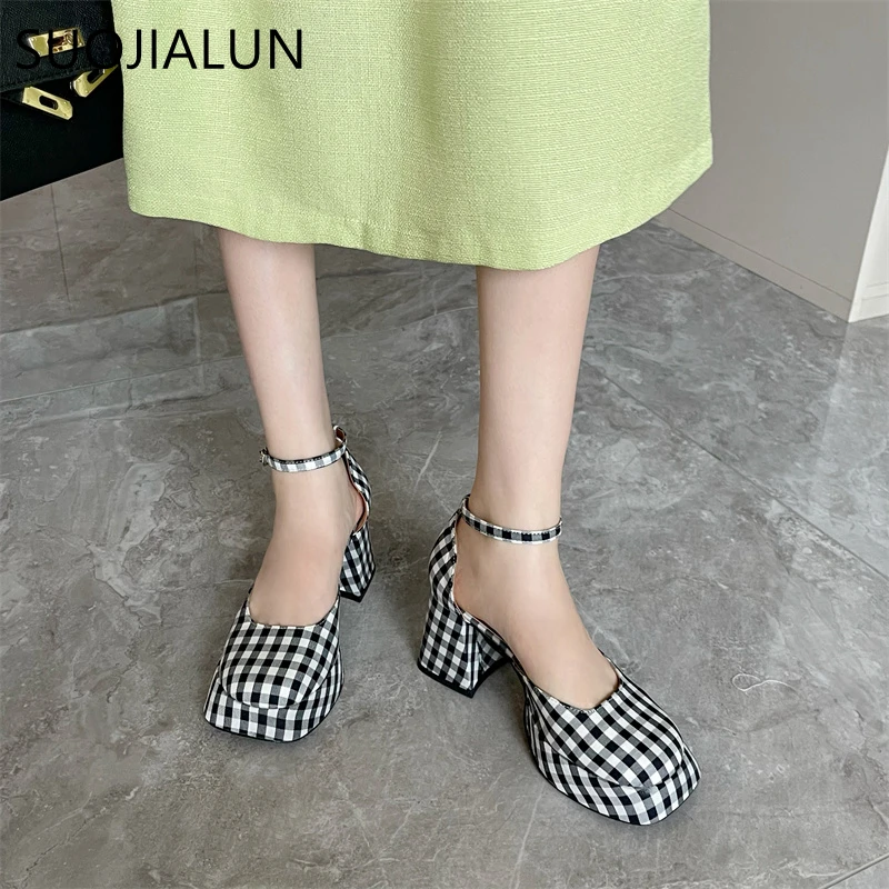 SUOJIALUN 2023 Spring New Brand Women Sandal Shoes Fashion Round Toe Close Toe Ankel Strap Mules Square High heel Dress Pumps