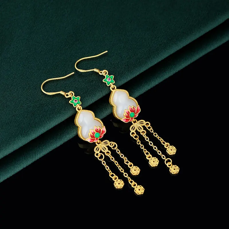 New Chinese Style Imitation Hetian Jade Good Luck Lotus Gourd Ancient Style Tassel Earrings Retro Cheongsam Hanfu Earrings