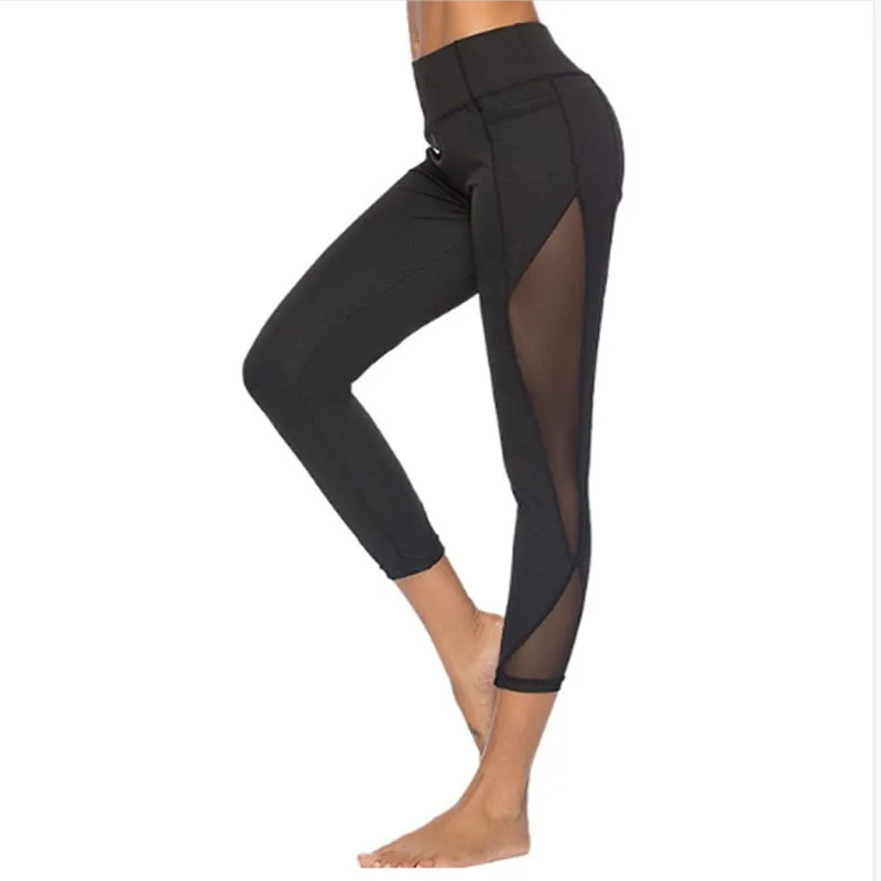 Leggings sexy in rete Estate Nuove donne Abbigliamento Scava fuori pizzo Nero Sport Pantaloni da yoga Moda Elasticità a vita alta Splicing