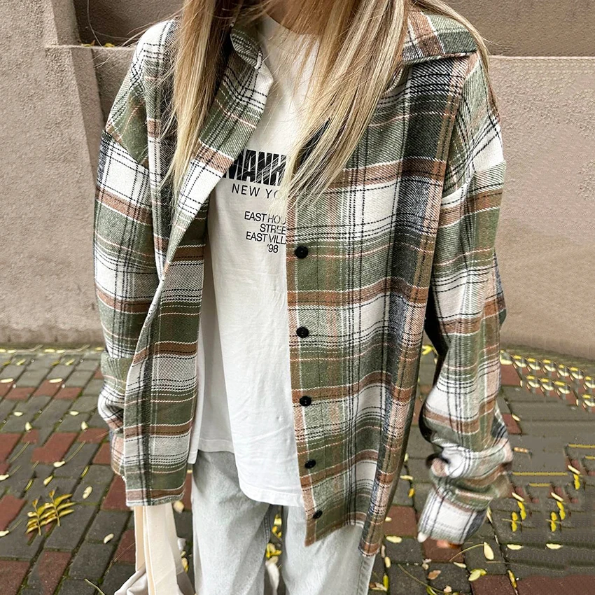 

Linad, осенние винтажные рубашки в клетку с длинными рукавами, уличная шикарная однобортная блузка в клетку, женская 2021, повседневные топы с отложным воротником