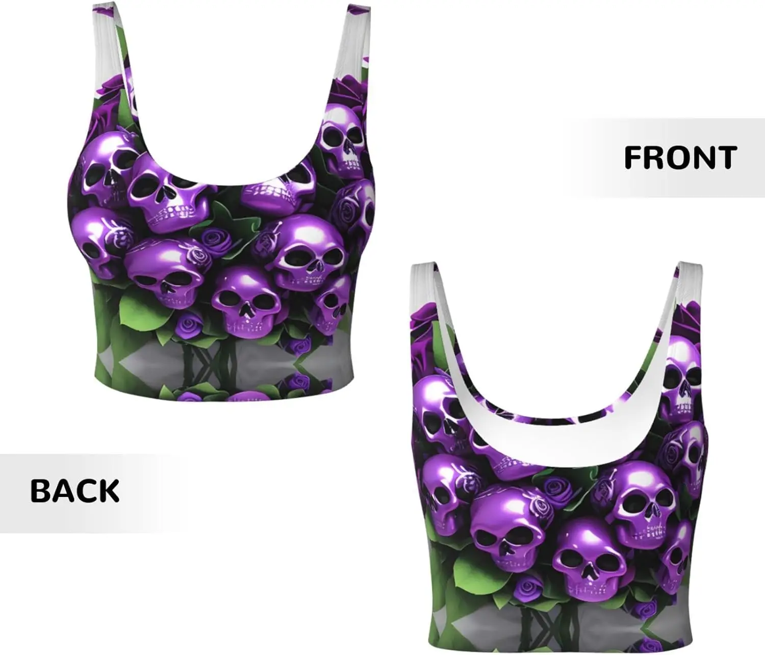 سترة رياضية نسائية مطبوعة على شكل جماجم وورود أرجوانية لليوجا والتمارين واللياقة البدنية - كاجوال بدون أكمام للفتيات الرياضيين، أسود كبير