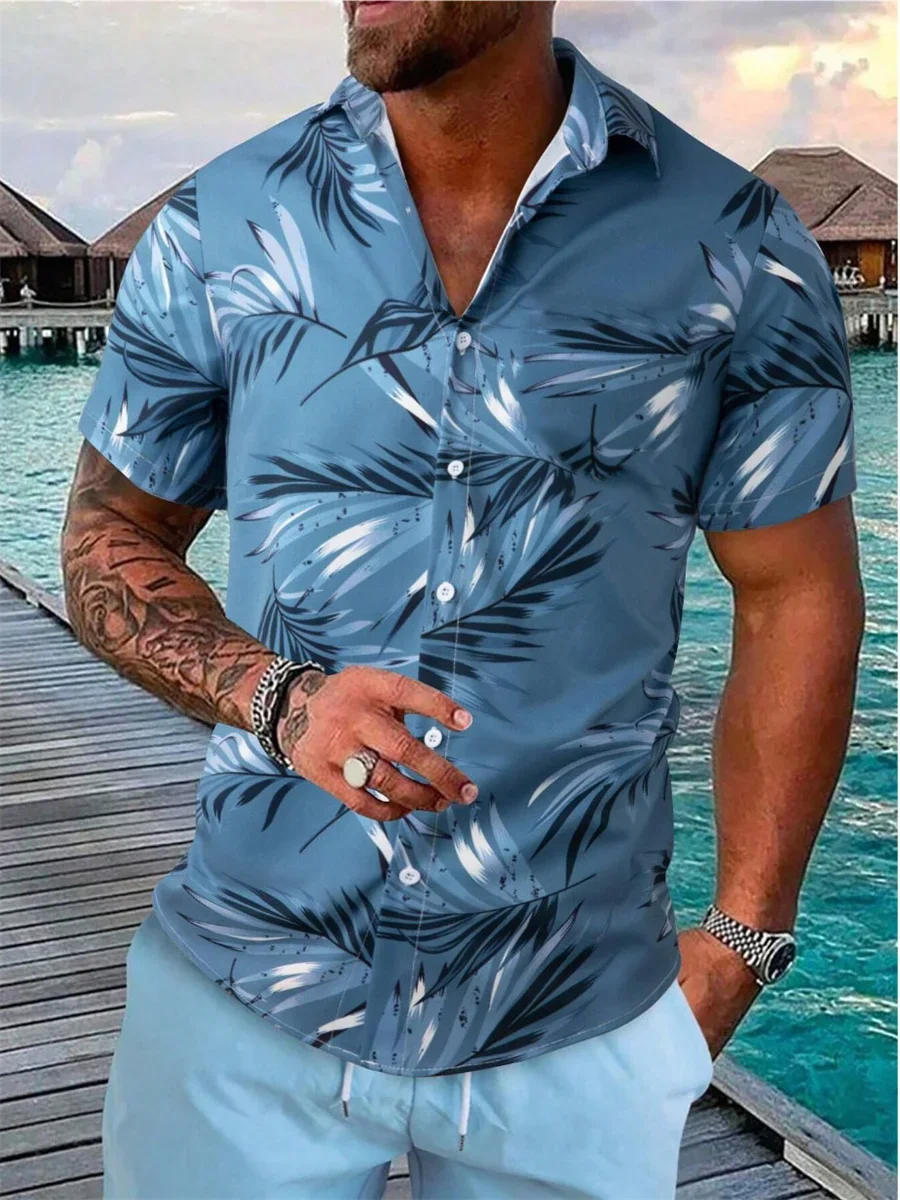 2024 New Fashion Men\'s Leaf Print Short Sleeve Shirt Summer Beach Resort Style Tropical Hawaiian Shirt Men\'s Top 6XL