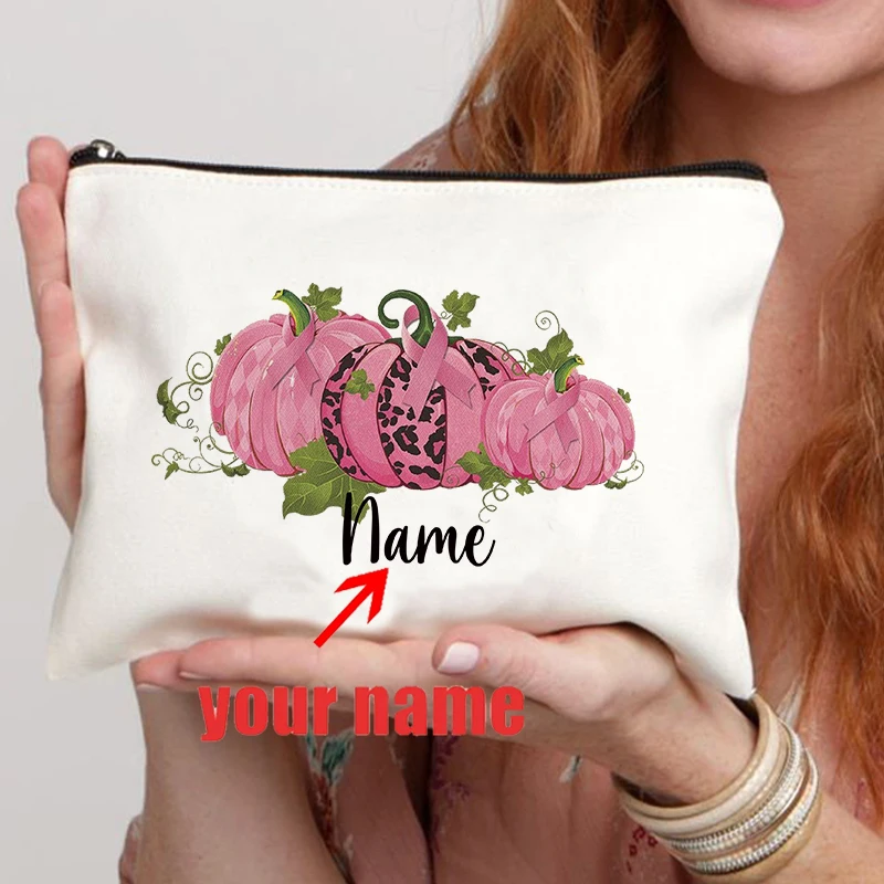 Personalized Breast Cancer Custom Name Makeup Bag Breast Cancer Warrior Gift Cosmetic Case Breast Cancer Awareness Gifts