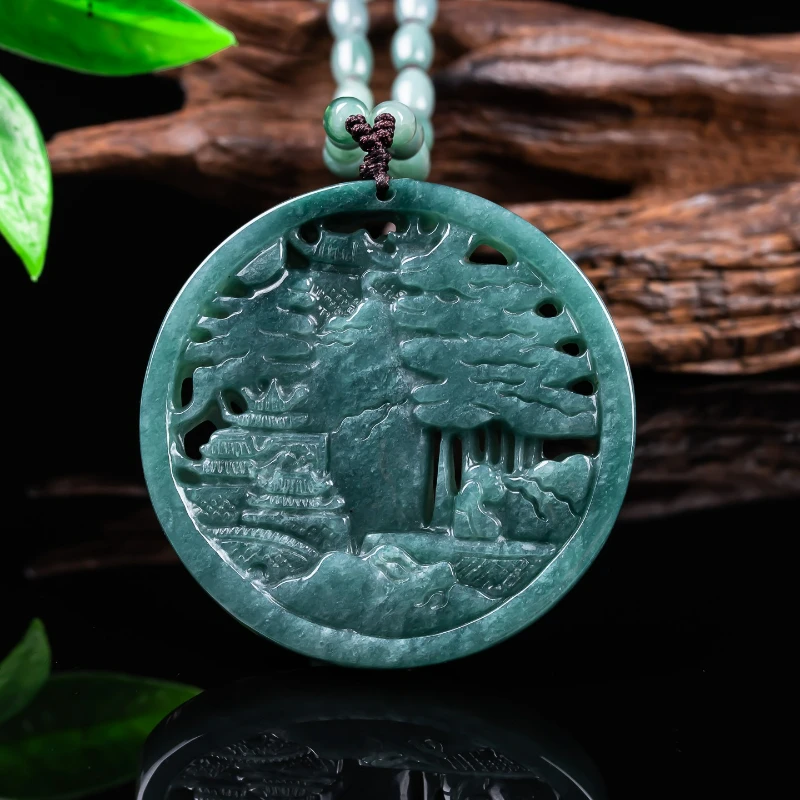 

Natural Jade Blue Water Ice Round Hollow Landscape Pendant Exquisite Jadeite Fashion Necklace Men Women Couples Holiday Gift