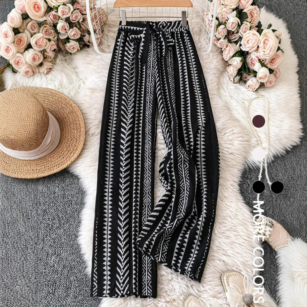 Women's Printed Pants Mid Waist Trousers Geometric Pattern Black And White Wide Leg Pants Tie Waist Side Slit Full Length