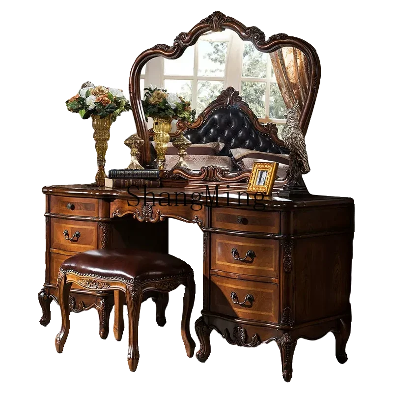 

ZJH solid wood dresser retro dressing table home master bedroom villa carved dressing table