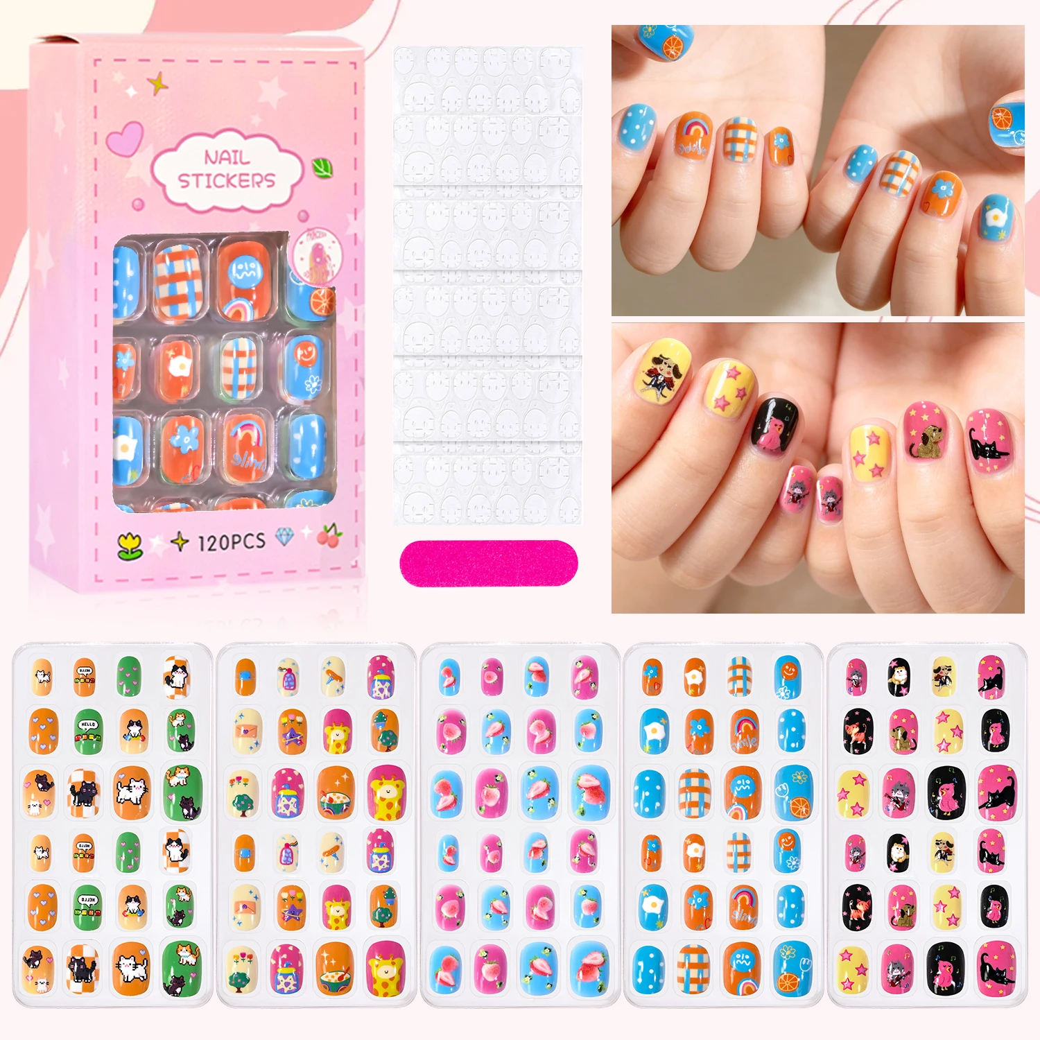 120Pcs Yellow Pink Stars Carton Dog Cat Giraffe Press On Nails Cute Strawberries Fruits Design Short False Nails for Girls Gift