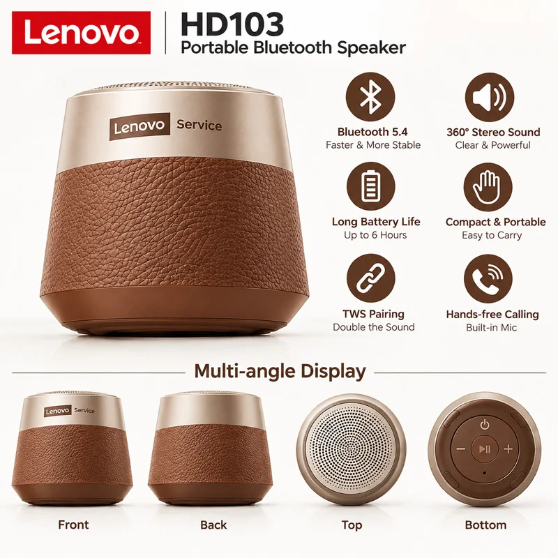 Original Lenovo HD103 Bluetooth V5.4 Speaker Big Audio With Deep Bass Sound Outdoor Soundbox Music Portable Camping Loudspeaker
