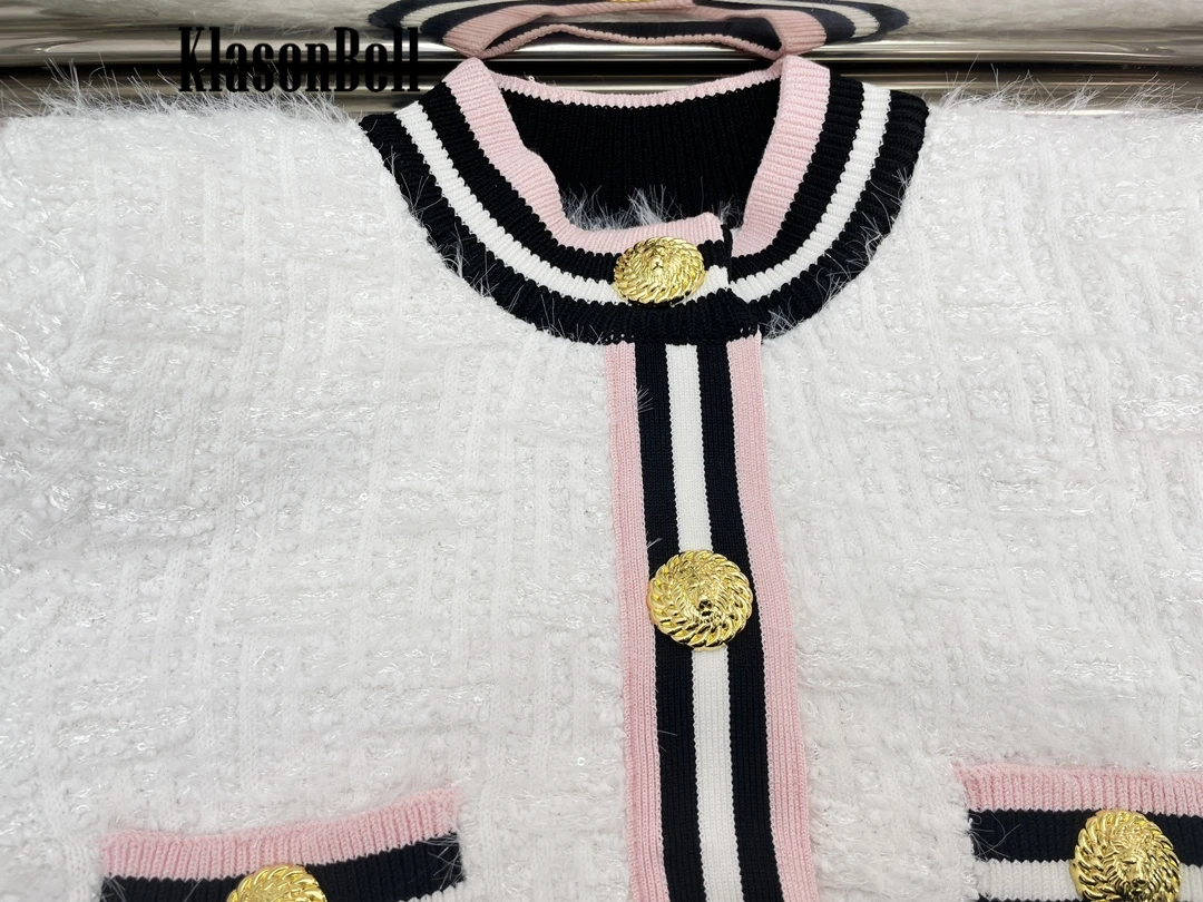 6.14 KlasonBell Women Elegant Sweet Striped Gold Button Short Sleeve Knit Cardigan Top Or Package Hip Short Skirt Set