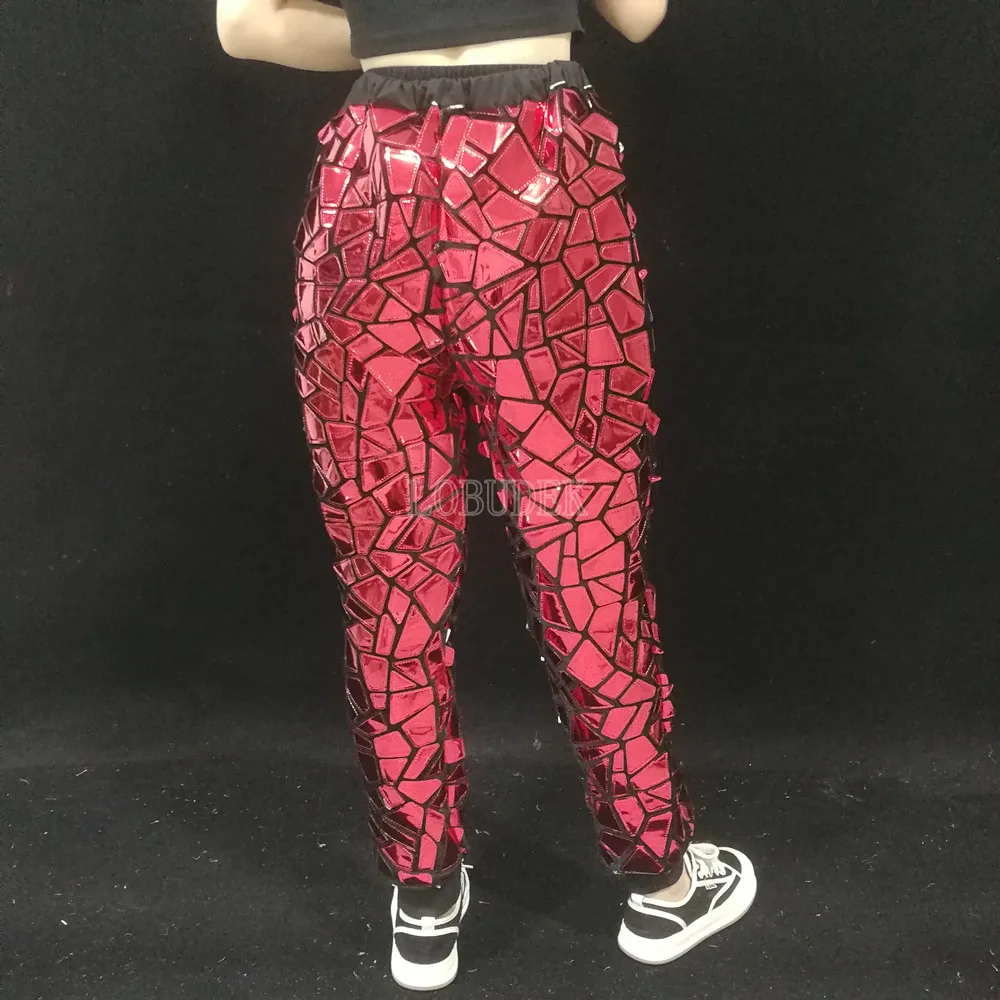 Women Red Laser Mirror Sequins Harem Pants Casual Trousers Dance Team Band Singer Jazz Dancer Bar Show Stage Performance Costume