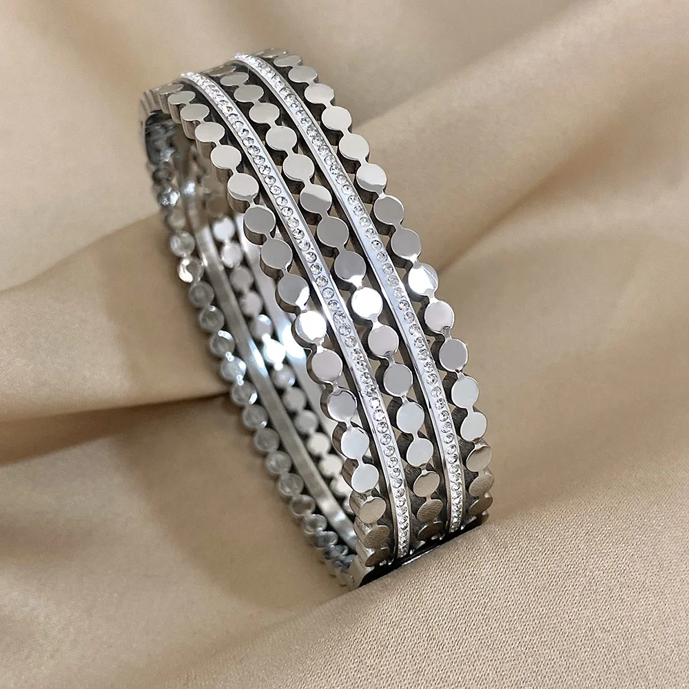 Fashion Layered Inlaid Rhinestone Stainless Steel Bangle For Women Unique Design Gold Silver Color Bracelets Bangles Waterproof