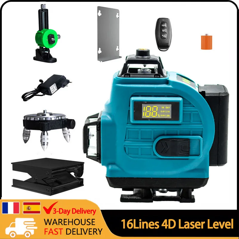 Wireless 16Lines 4D Laser Level With LED Digital Display Horizontal Vertical Cross Self-Leveling Rechargeable Leveling Tool