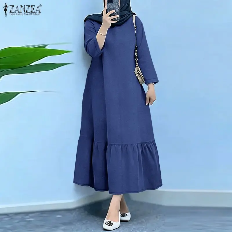 

ZANZEA Muslim Fashion Denim-Look Maxi Dresses Hijabs Women O-Neck Long Sleeve Ruffled Hem Long Dress Islamic Abaya Robes Femme
