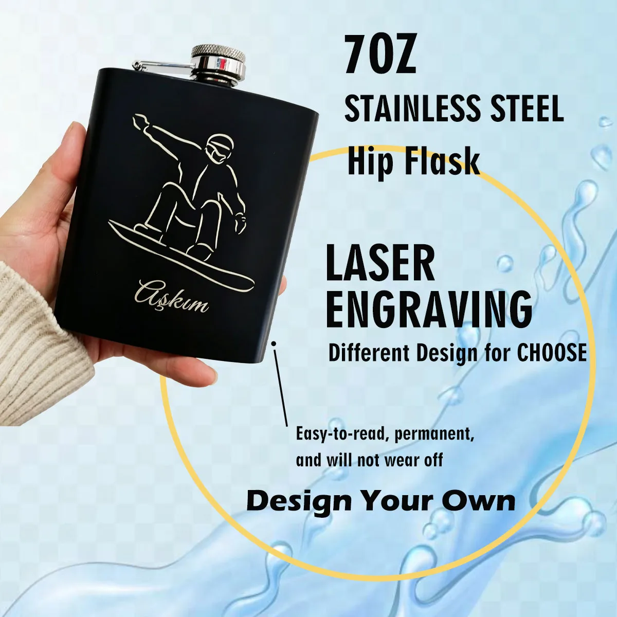 7-Ounce Stainless Steel Ski Hip Flask, Personalized Metal Portable Drinking Pocket Hip Flask, Black, Laser Etched Engraved