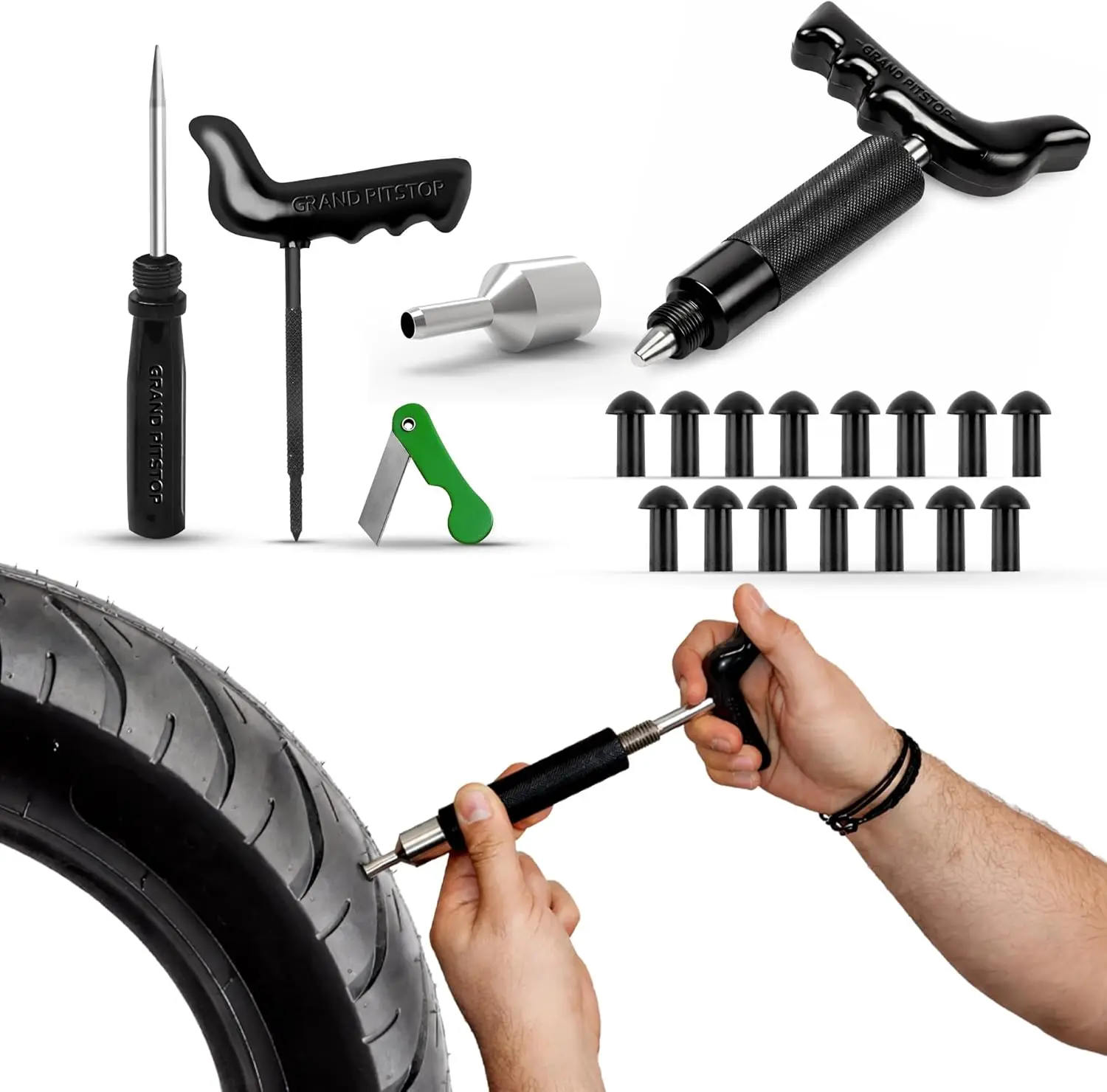 

20-Piece Tubeless Tire Puncture Repair Kit with Mushroom Plugs for Cars, Motorcycles, ATV, Trucks & Tractors