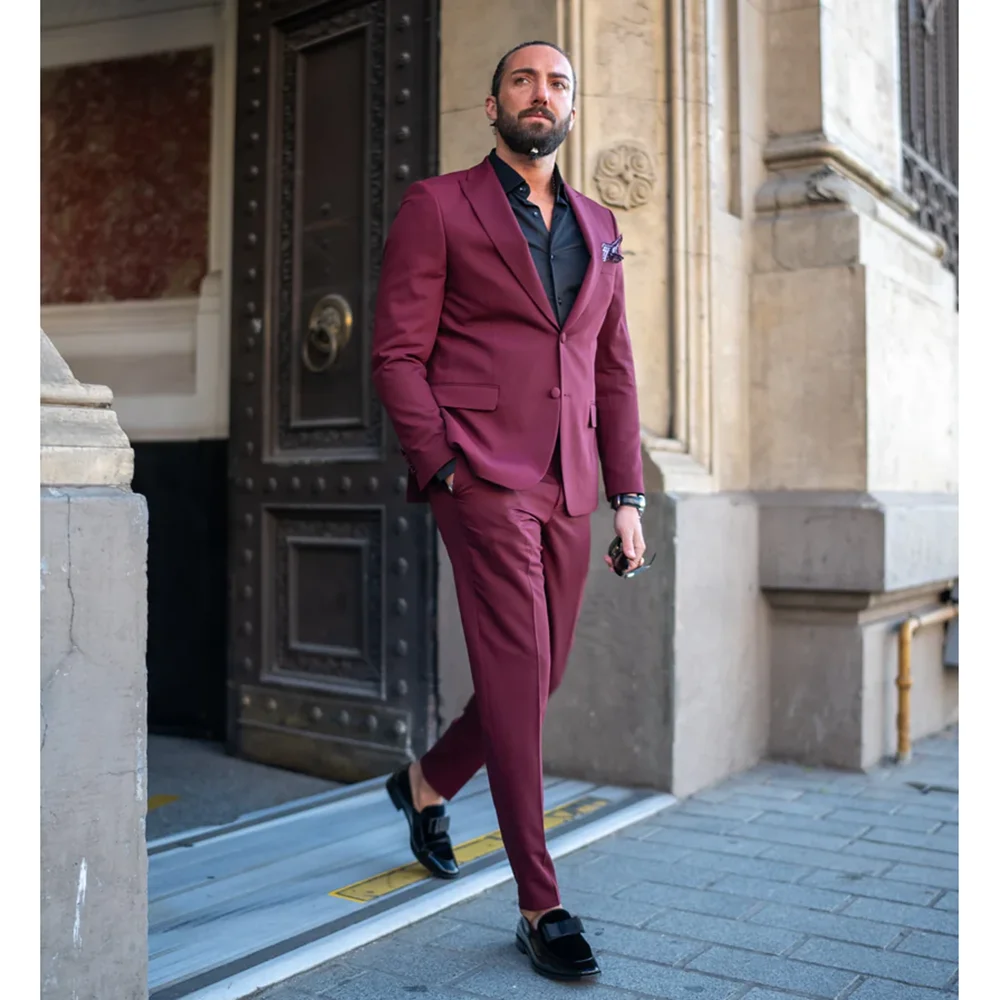 

Burgundy Men Suits Fashion Single Breasted Peak Lapel 2 Piece Formal Business Casual Wedding Male Suit Slim (Jacket+Pants)