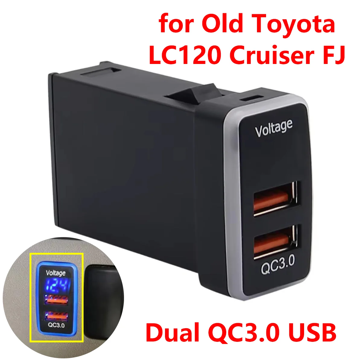 12V-24V Quick Charge Car Dual Port QC 3.0 USB Charger Socket with Voltmeter for Old Toyota LC120 Cruiser FJ