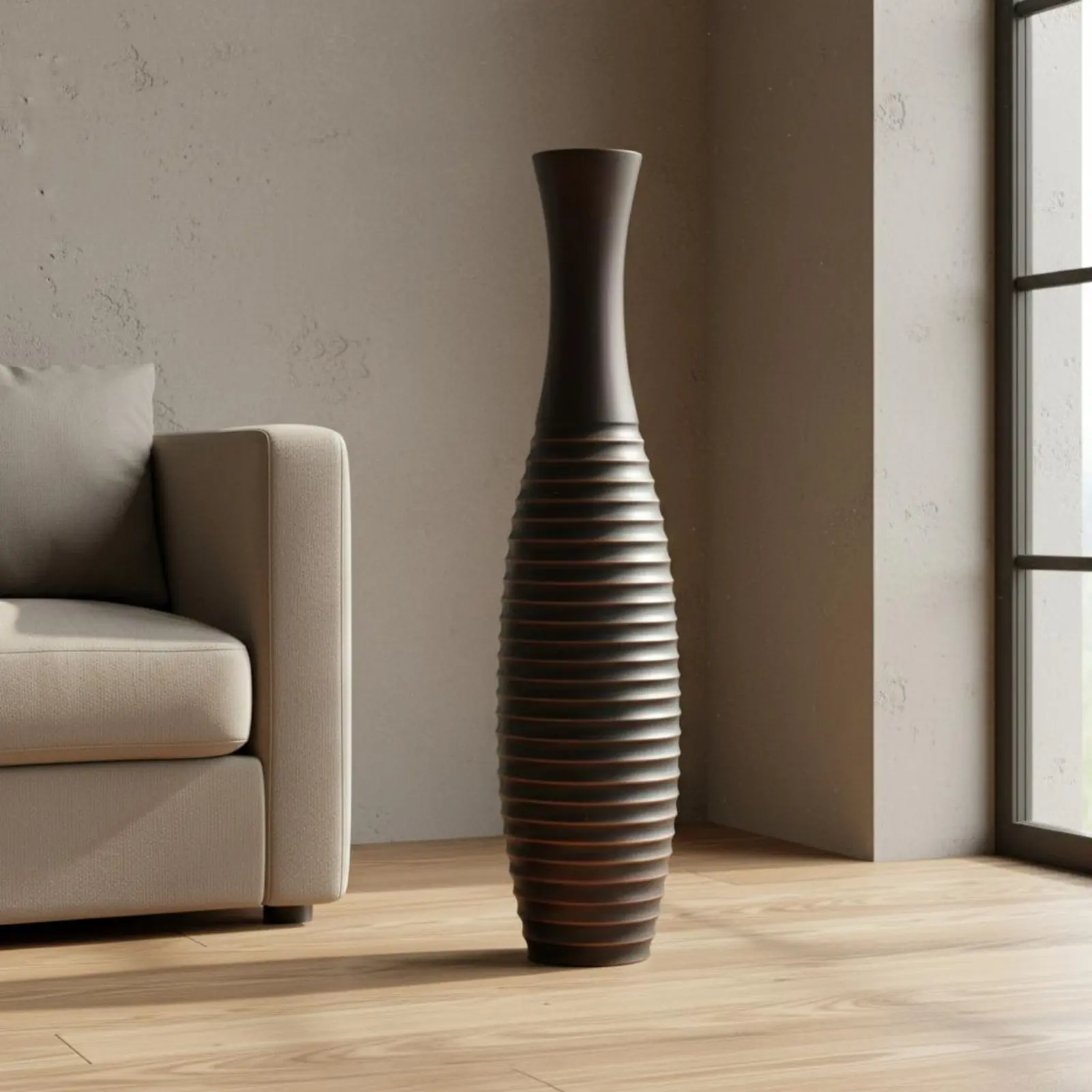 Large Ribbed Floor Vase Handmade Craft Tall Decorative Resin Vase Home Decoration for Living Room, Entryway
