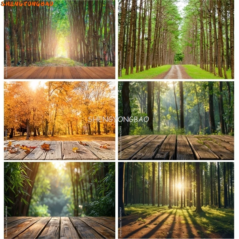 Empty Wooden Flooring On Green Forest Photography Backdrops Props Morning Sunshine Nature Landscape Summer Background ZL-05