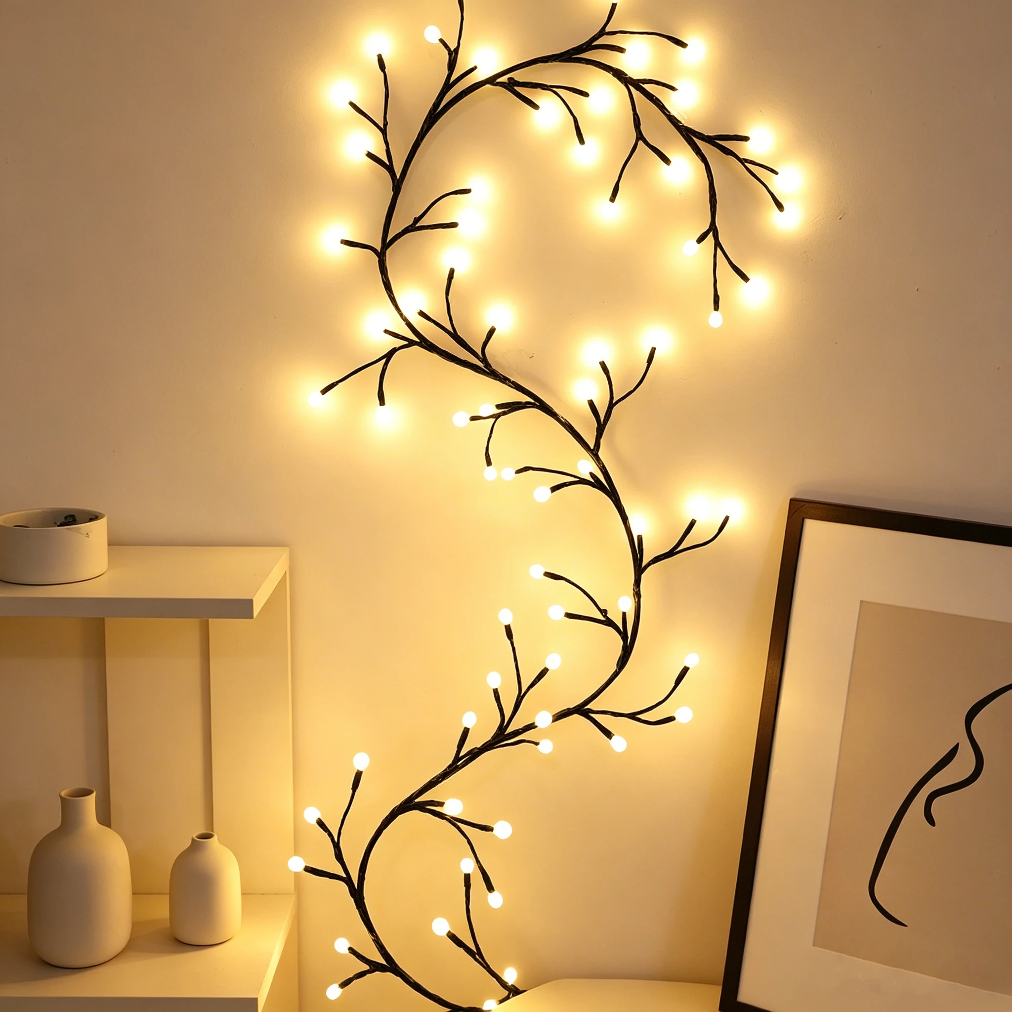 Flexible tree branch LED simulated vine wall light USB powered warm light, living room bedroom wall atmosphere small night light