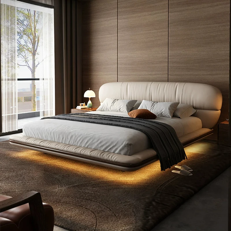 180x200cm Italian Style Floating Top-Grain Leather Bed 2026 New Design Premium Bed for Master Bedroom & Home interior furniture