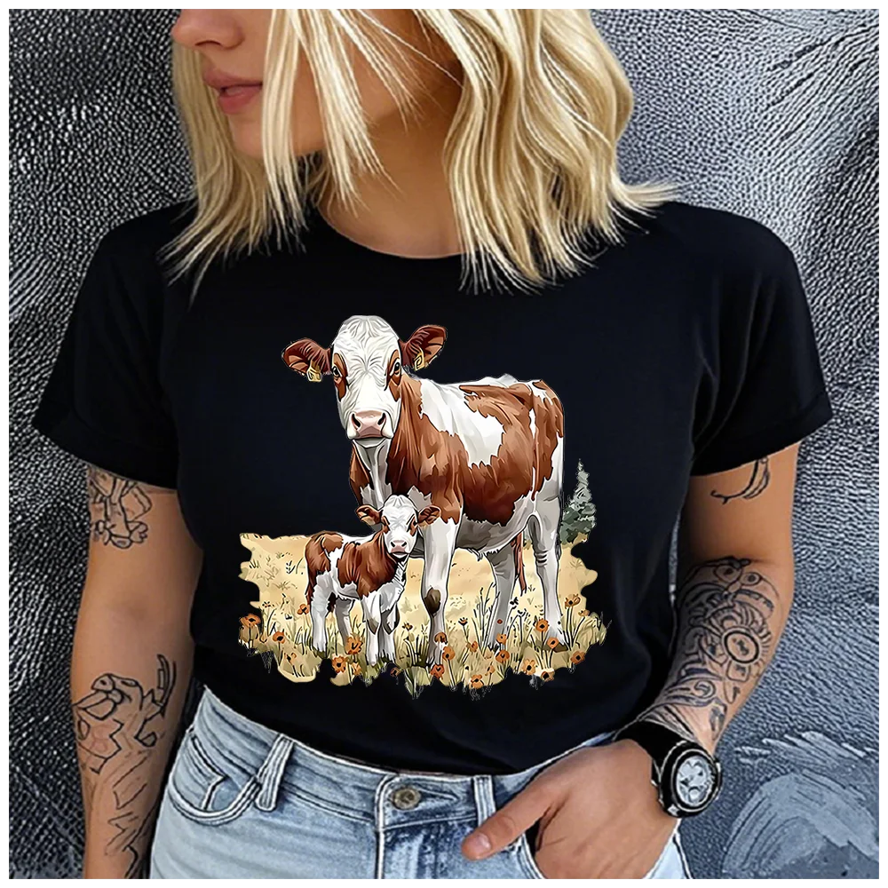 Unisex 100% Cotton Summer Top Farm dairy cows and their calves Print Loose round Neck Short Sleeve Fashion for Lovers