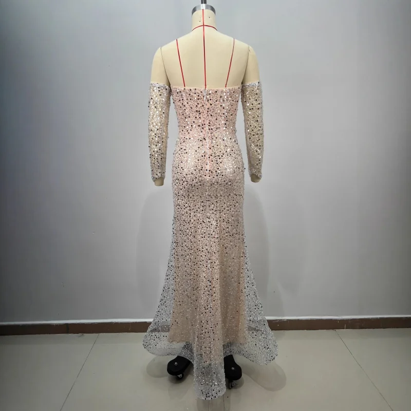Nieuwe aankomst dames strapless zware kralen bodycon hoge taille mesh zeemeermin sexy high-end avondjurk