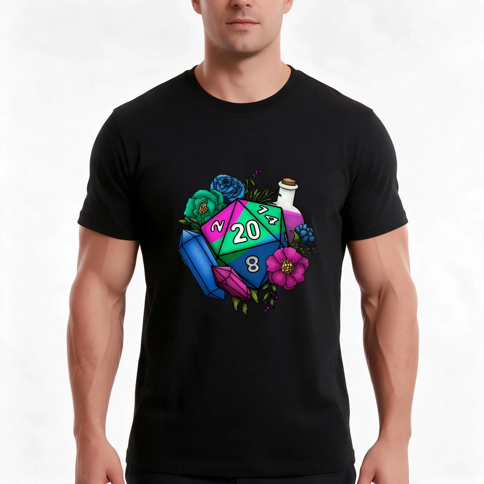 Pride Polysexual D20 Tabletop RPG Gaming Dice T-Shirt, Summer Casual Cotton Tee, Oversized Streetwear Tops, Unisex Men Women