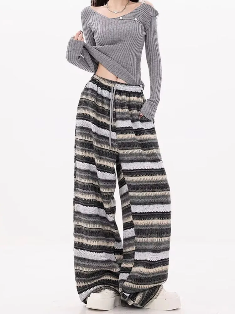 Casual Sweatpants Women Thicked Striped Woolen Wide Leg Pants For Women 2026 New Bottoms Pantalon Femme Straight Chic Trousers