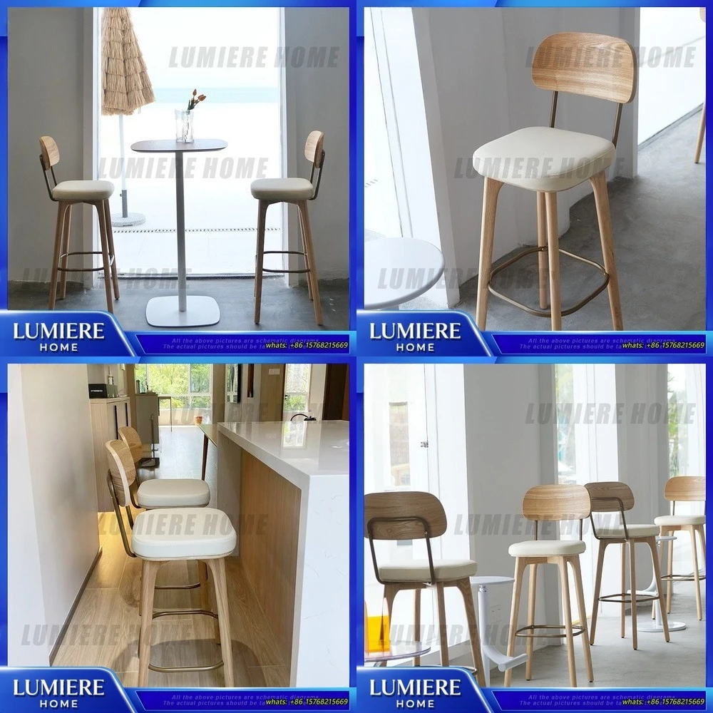 Scandinavian Wooden Dining Chair for Home and Cafe Bar Stool with Backrest Modern Design High Back Solid Wood Kitchen Chair