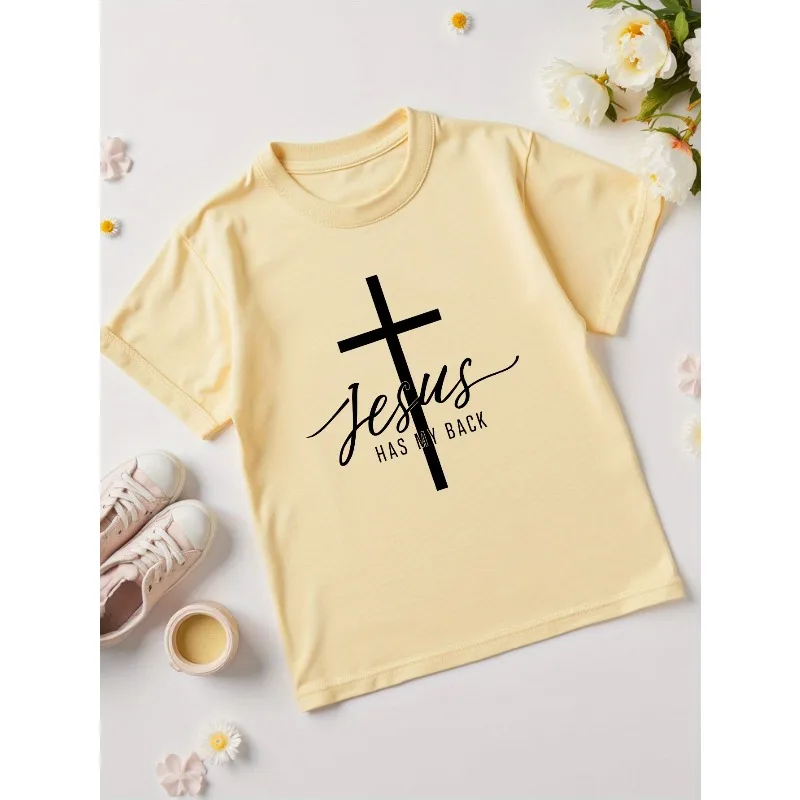 Jesus Cross Printed Casual Top Middle Boy Round Neck Breathable T-shirt Personalized Parent Child T-shirt