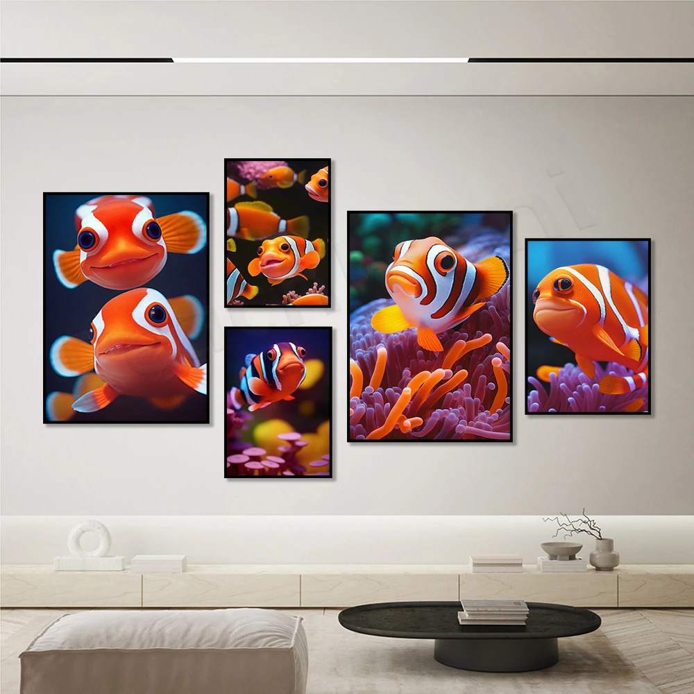 clownfish print, sea animals nordic posters and prints wall art canvas painting wall pictures kids room decor