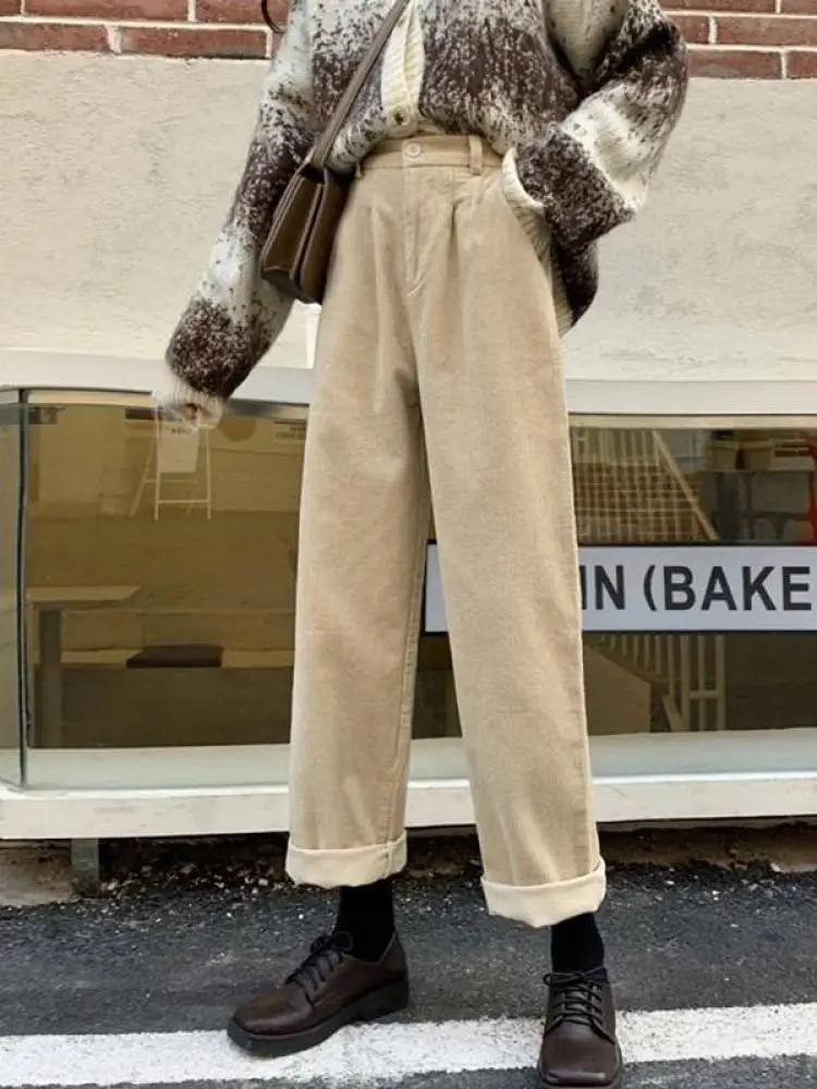 Vintage Corduroy Pants High Waist Spring Straight Trousers Causal Pockets All Match Female Black Korean Pants