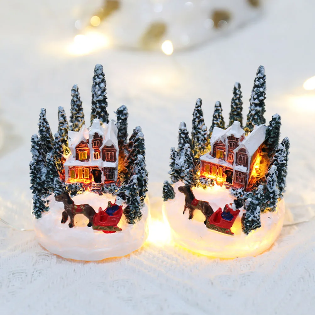 

2pcs Lighted Snow Village Decor Christmas Luminous House Resin Miniature Glowing Ornament Reusable Home Table Centerpiece Xmas