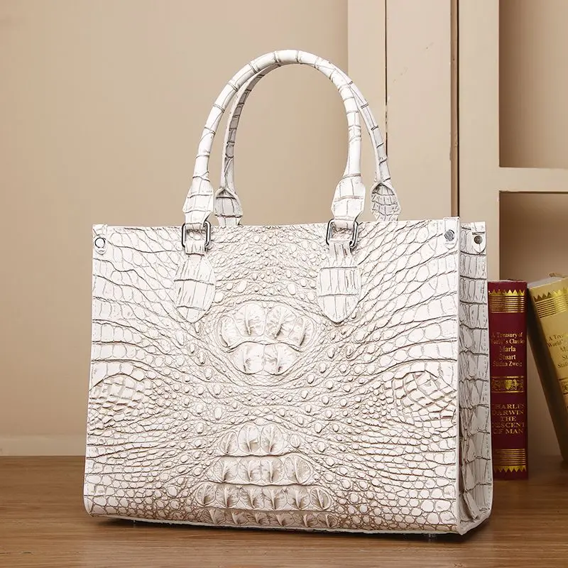 Luxury Fashion Genuine Leather Women\'s Handbag Crocodile Bone White Tote Bag Large Capacity Portable Shoulder Messenger Bags