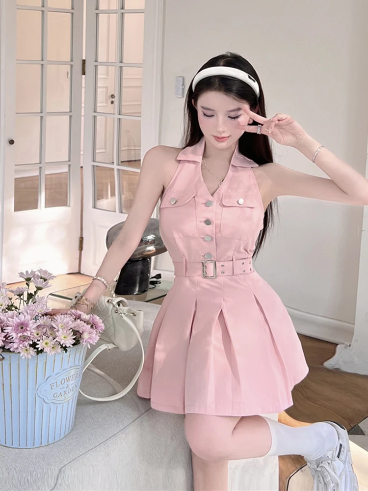 Pink Dresses Women Sleeveless Turn Down Collar Halter Button French Style Vintage Solid Slim Pleated Elegant Dress Office Lady