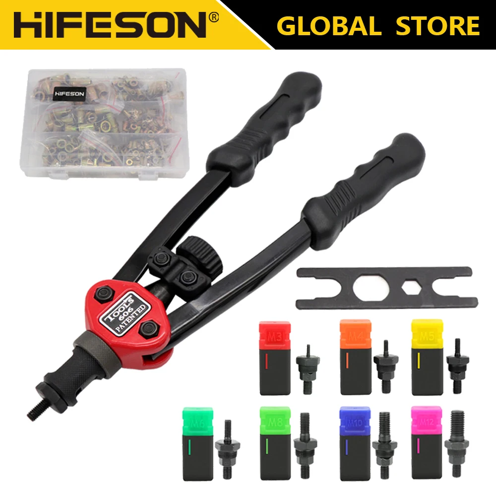 Ручной заклепочный пистолет HIFESON для нарезки резьбовых гаек, 70/95/300 шт., ручной инструмент для заклепок и гаек M3 M4 M5 M6 M8 M10 M12.