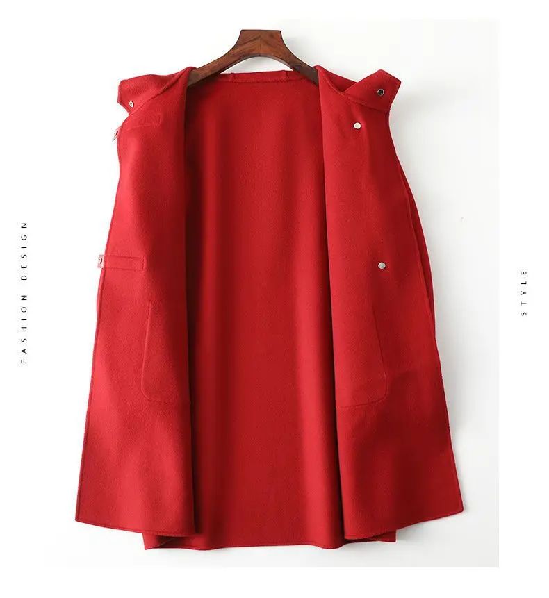 Neue Modische Doppelseitige POLYESTER-Jacke mit Kapuze für Damen Herbst Winter Doppelseitige Woll-Windjacke Eleganter Schlanker Wollmantel – Detail 8