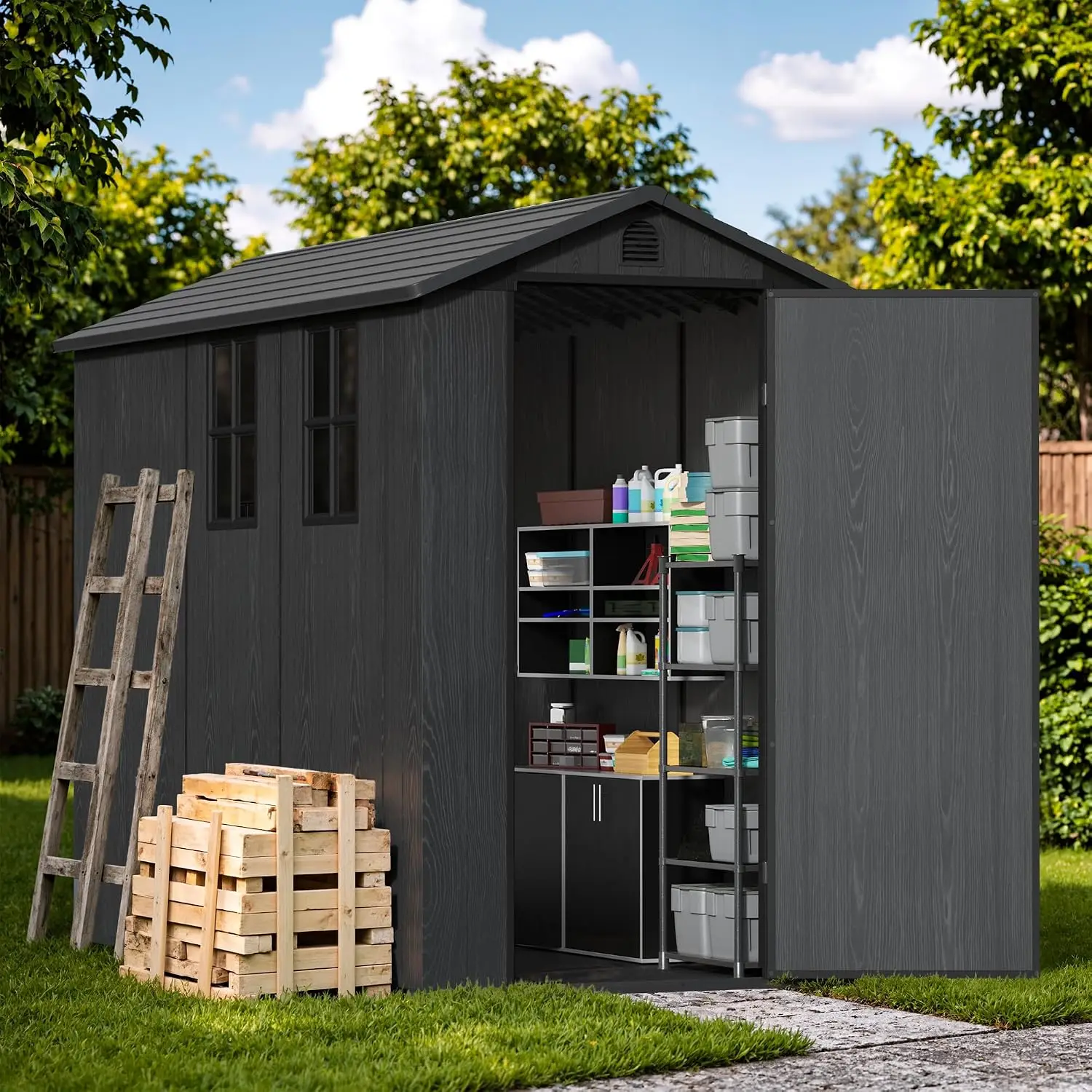 4×8 FT Resin Storage Shed with Floor & Window, Lockable Door Waterproof Garden Tool Shed for Backyard Patio, Customized