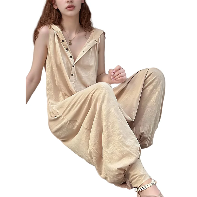 

Womens Button Jumpsuit Hooded Sleeveless Jumpsuit Outfit Rompers Overalls With Pockets-A55G