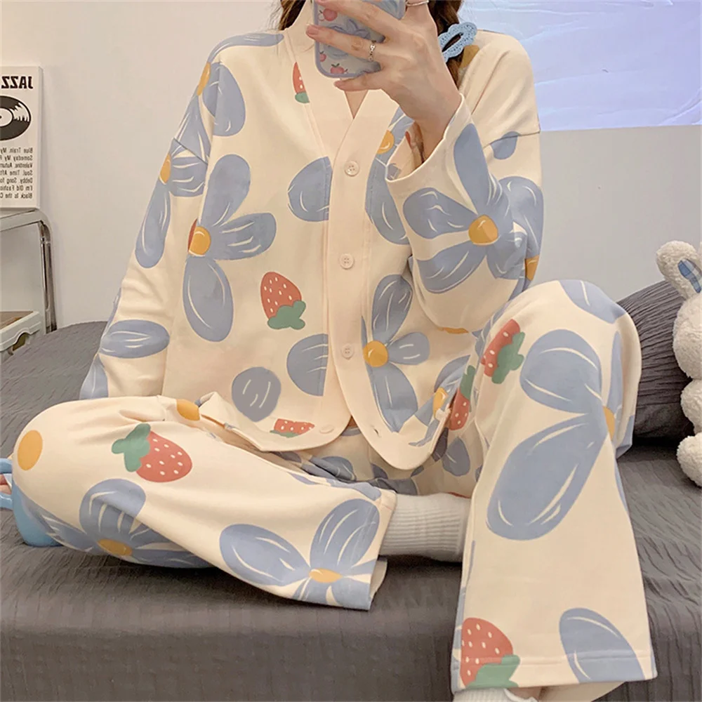 Women\'s Pajamas Homewear Set Sleepwear Autumn Long-Sleeved Cardigan Pajamas Girls Nightwear Cute Fall Pajamas Homewear