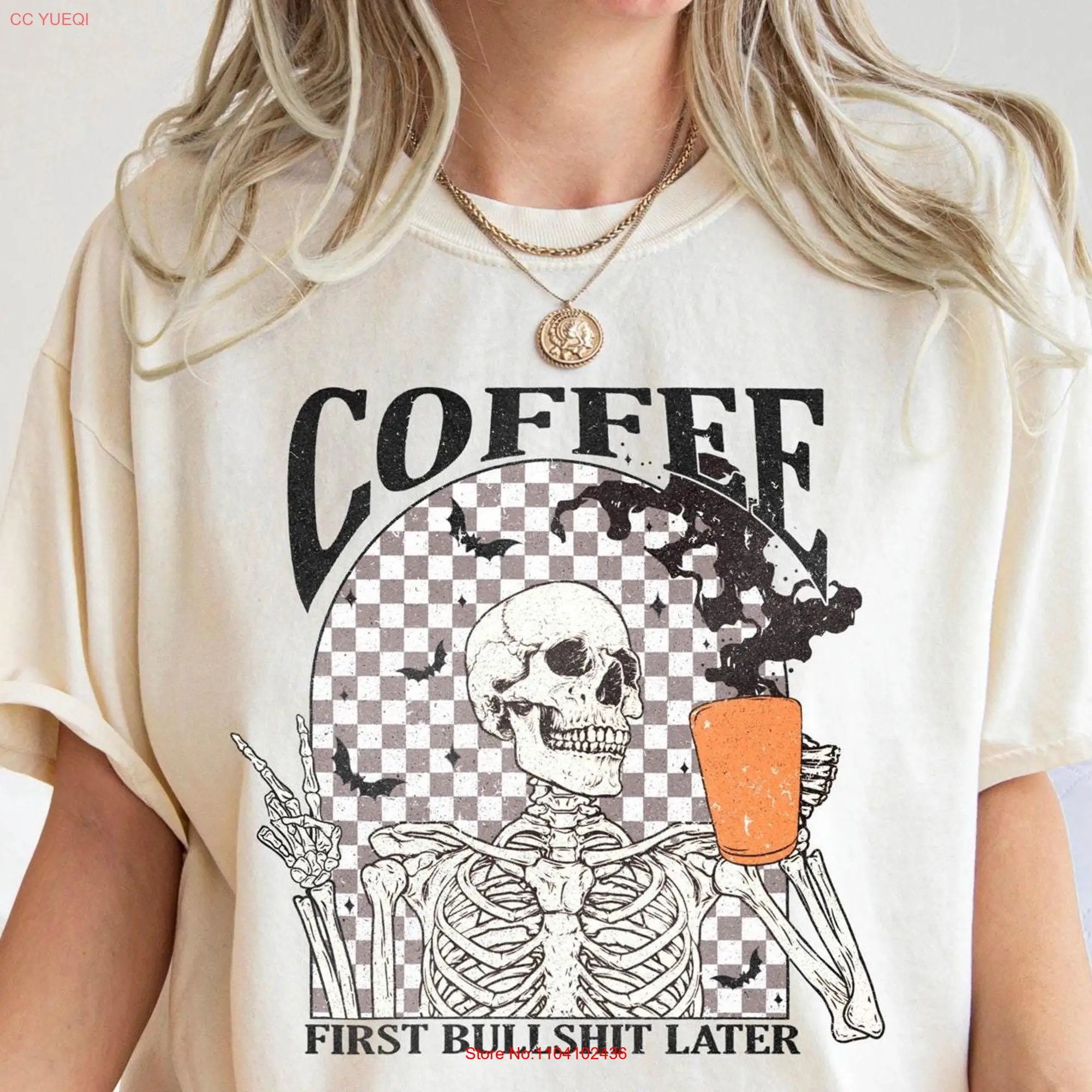 Comfort Colors Drinking Coffee Skeleton T Shirt First Bullshit Later Retro Funny Halloween Trendy long or short sleeves